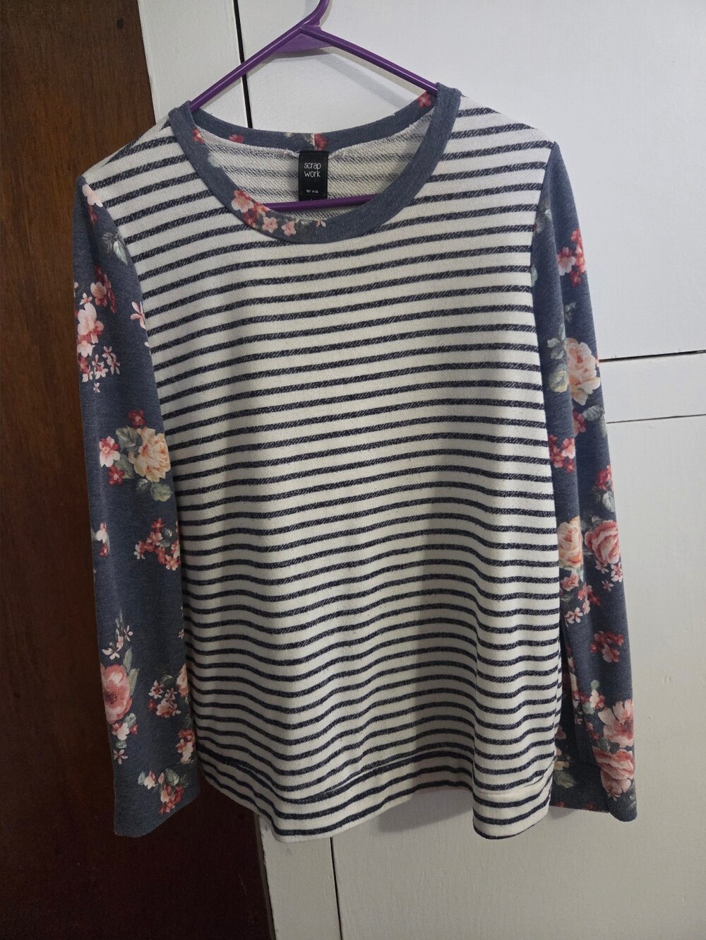 Scrap Work Striped Front Floral Sleeve Crewneck Sweater